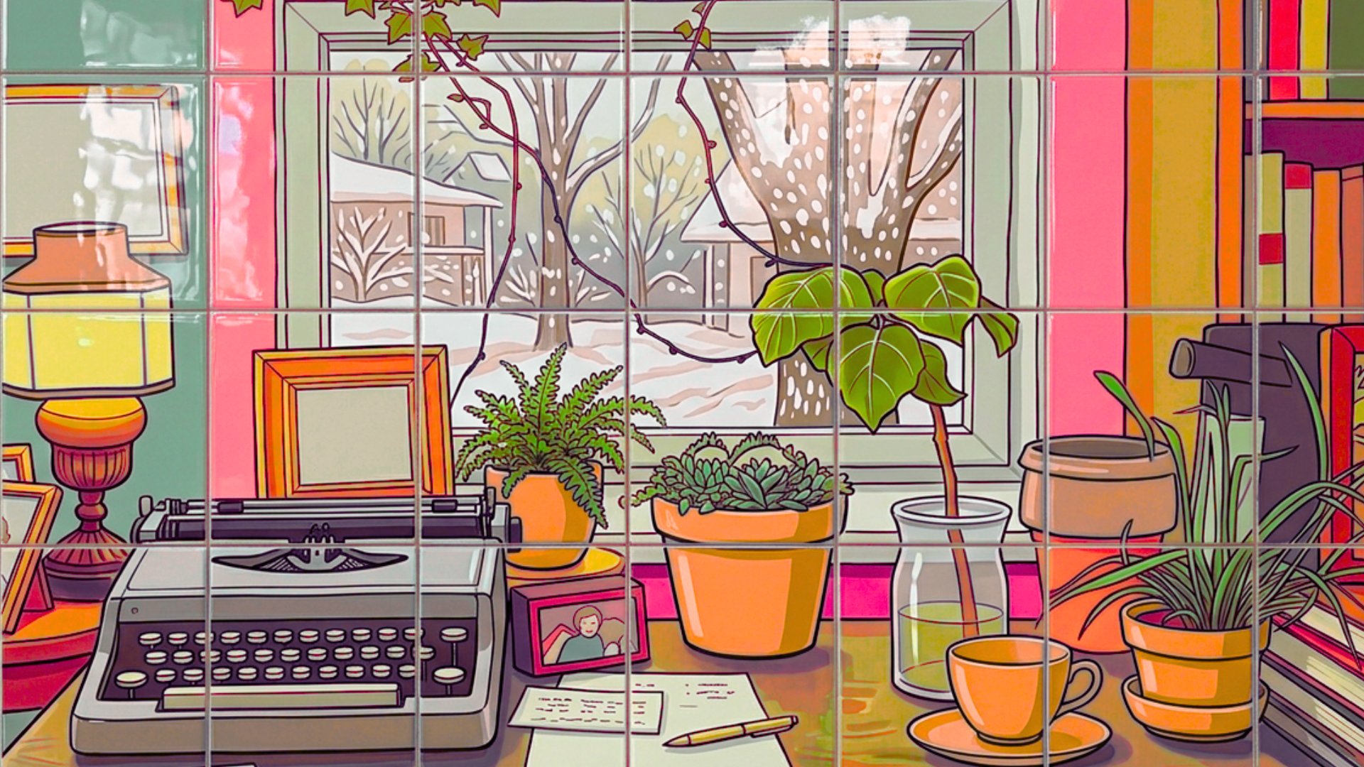 A writer's desk by a snowy window, with a typewriter, a lamp, plants, a framed photo, a teacup, and pen on paper
